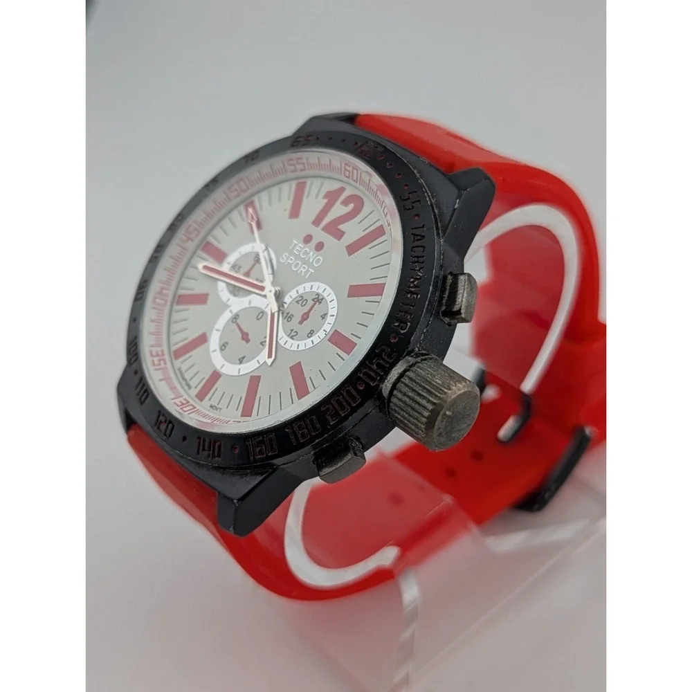 Tecno Sport Watch Men 52mm Case Red Silicone Band- New Battery